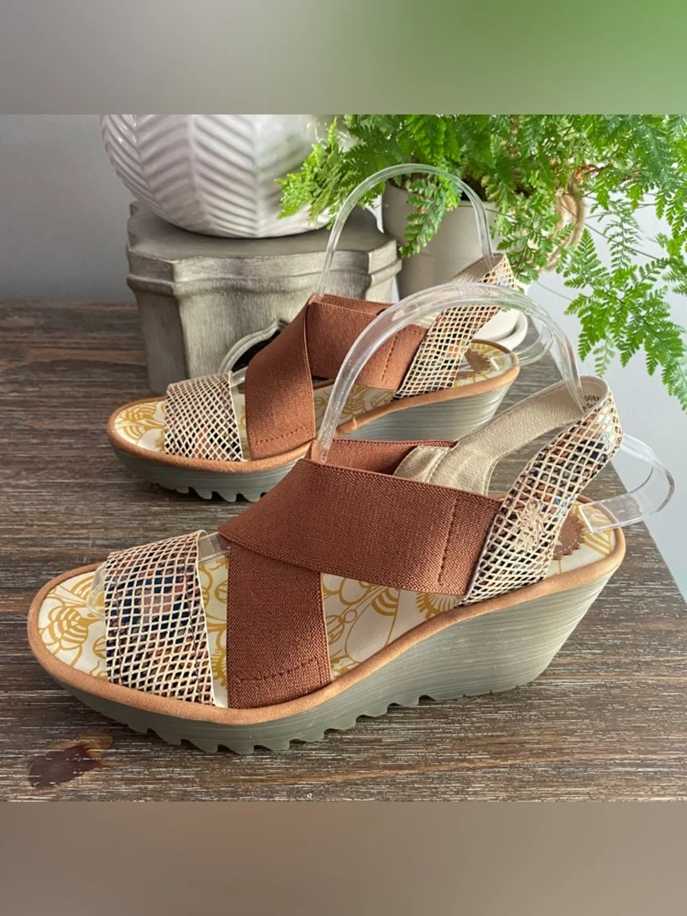 Fly London Yaji Leather Wedge Heeled Platform Sandals Womens 38 7.5-8 Tan Snake